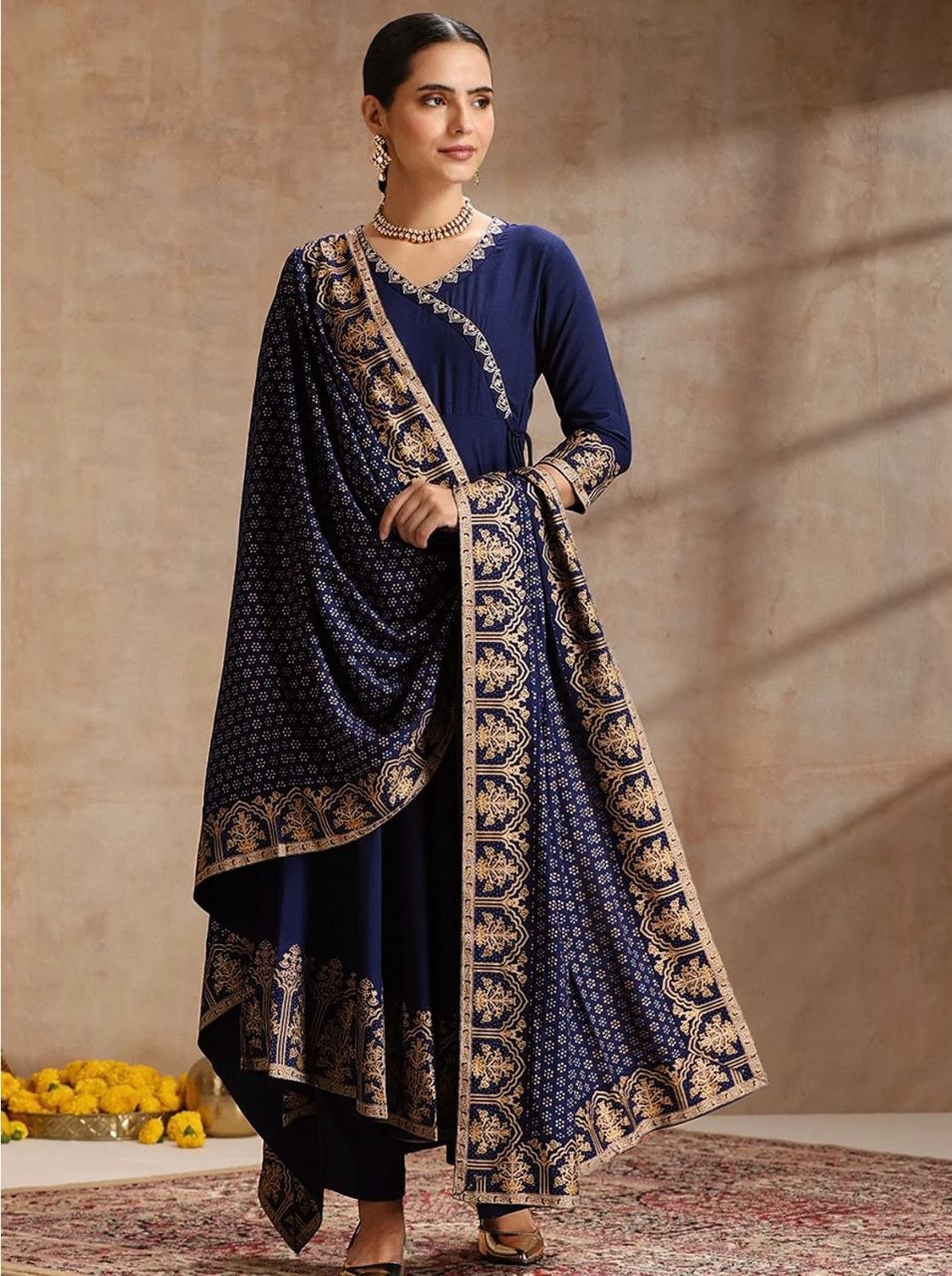 Women’s Navy Blue Printed Anarkali Suit Set with Designer Dupatta