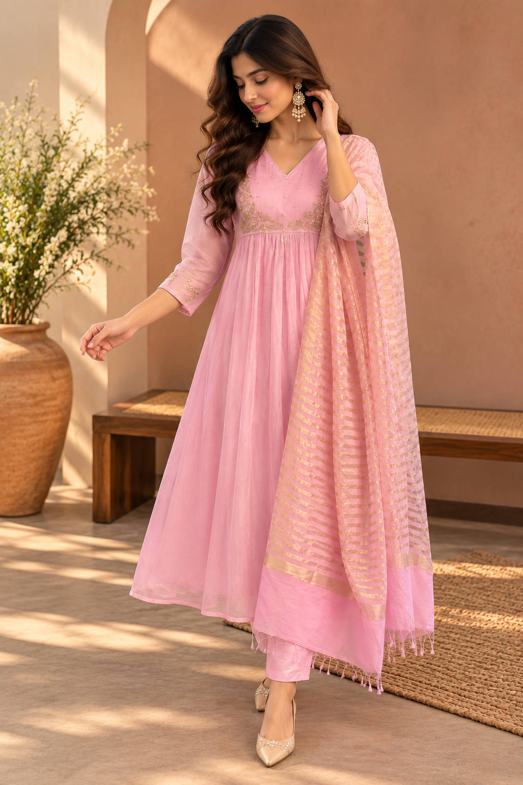 Blush Pink Embroidered Anarkali Suit Set with Matching Pant & Striped Dupatta