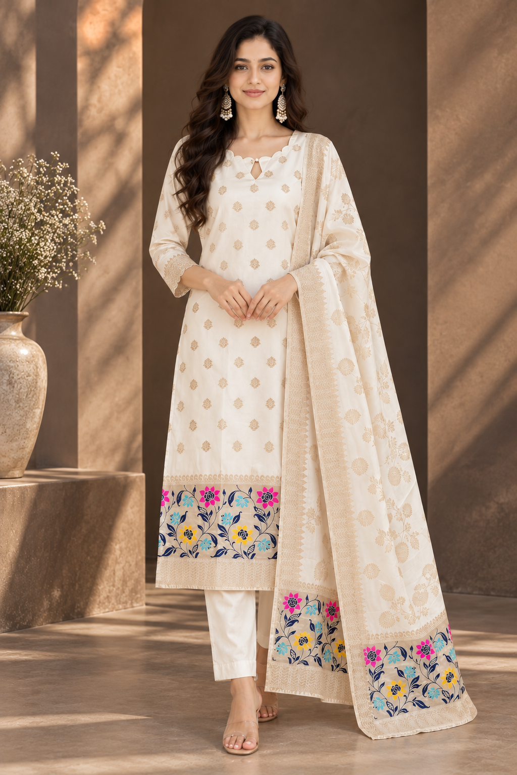 Elegant Ivory Gold Floral Printed Kurta Set with Dupatta for Women