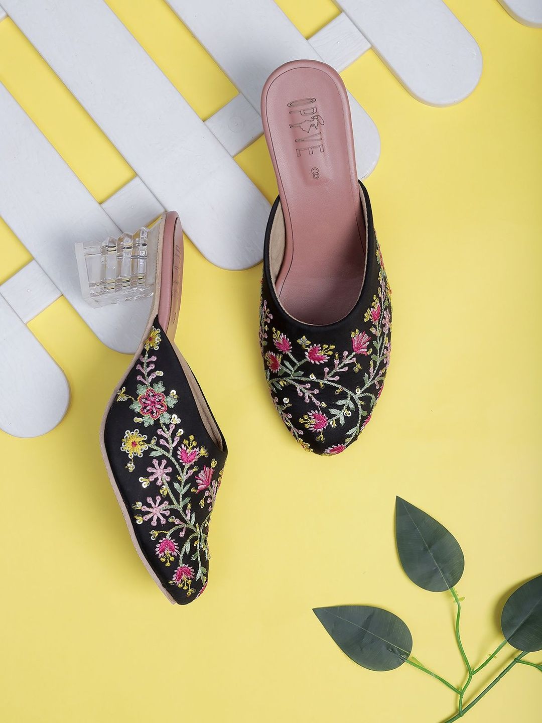 Women's Black Floral Embroidered Transparent Block Heel Mule Sandals
