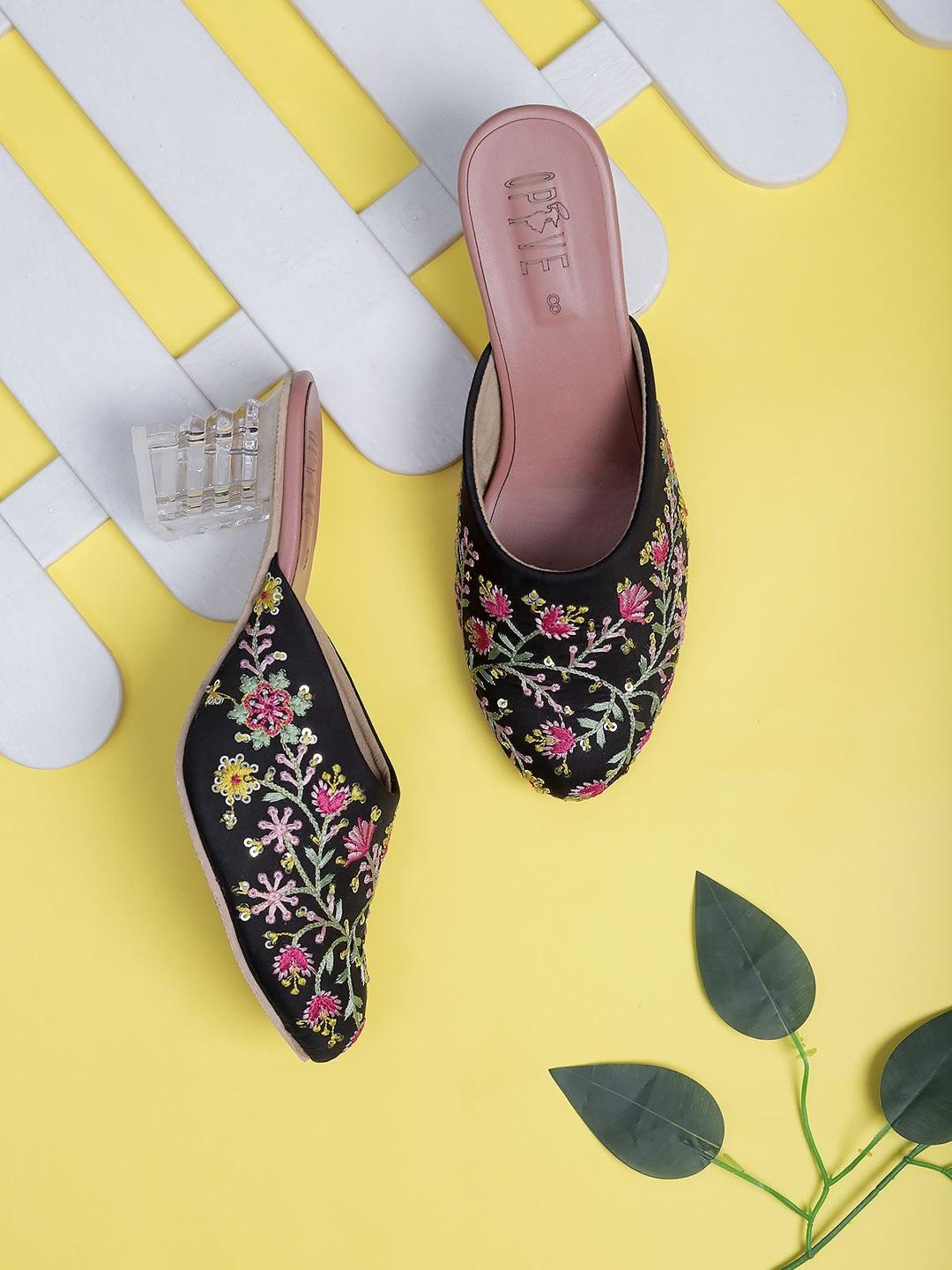 Women's Black Floral Embroidered Transparent Block Heel Mule Sandals