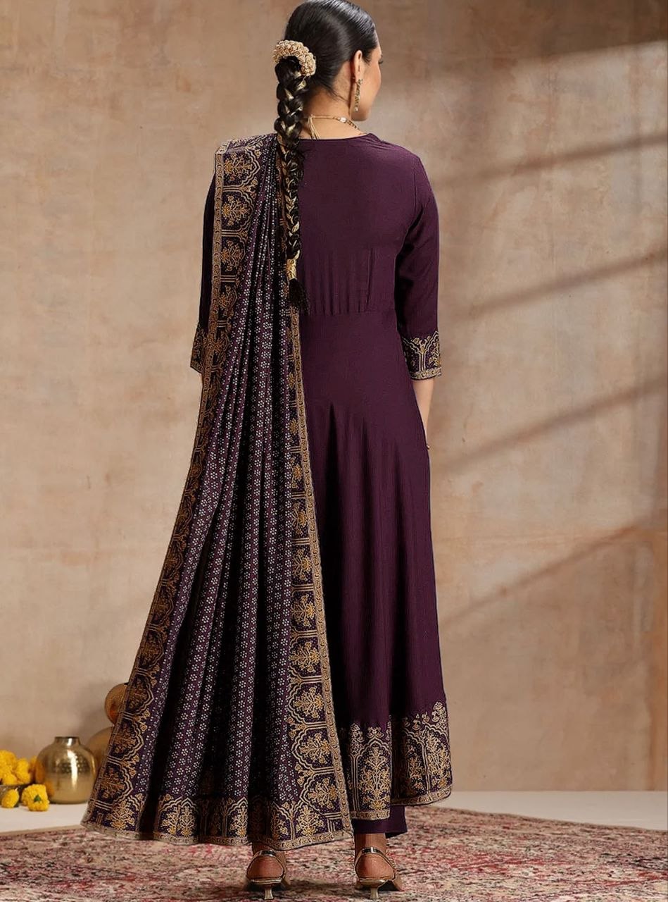 Women’s Plum Purple Printed Anarkali Suit Set with Designer Dupatta