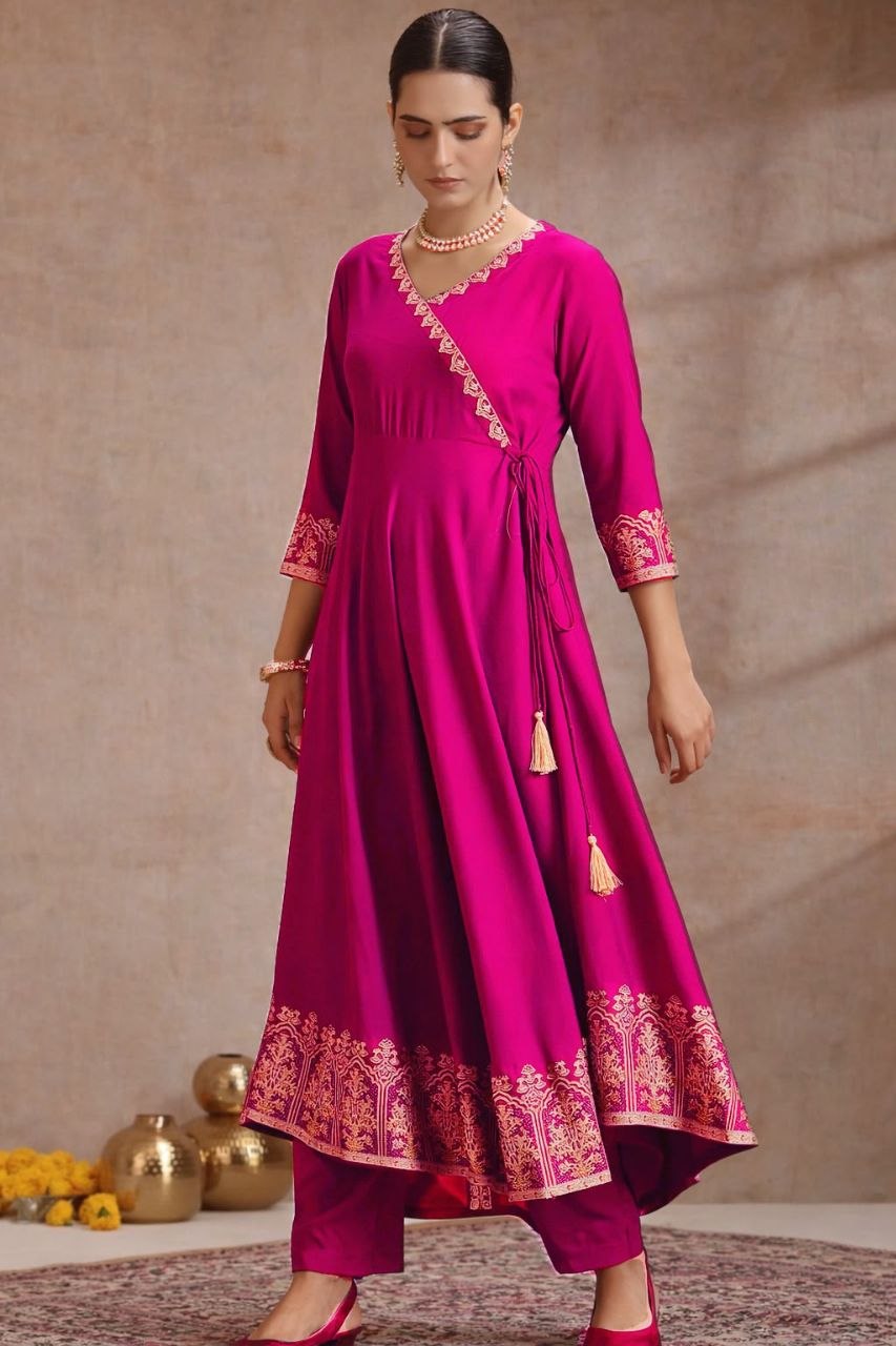 Women’s Magenta Embroidered Anarkali Suit Set with Printed Dupatta