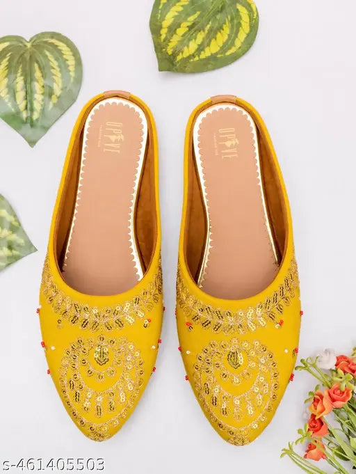 Women's Mustard Canvas Handcrafted Embroidered Bellies