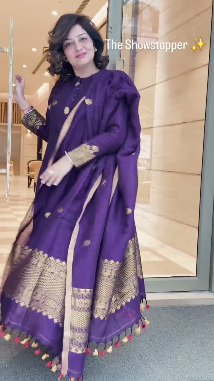 Elegant Purple Kurta Pant Set with Gold Motif Work & Border Dupatta