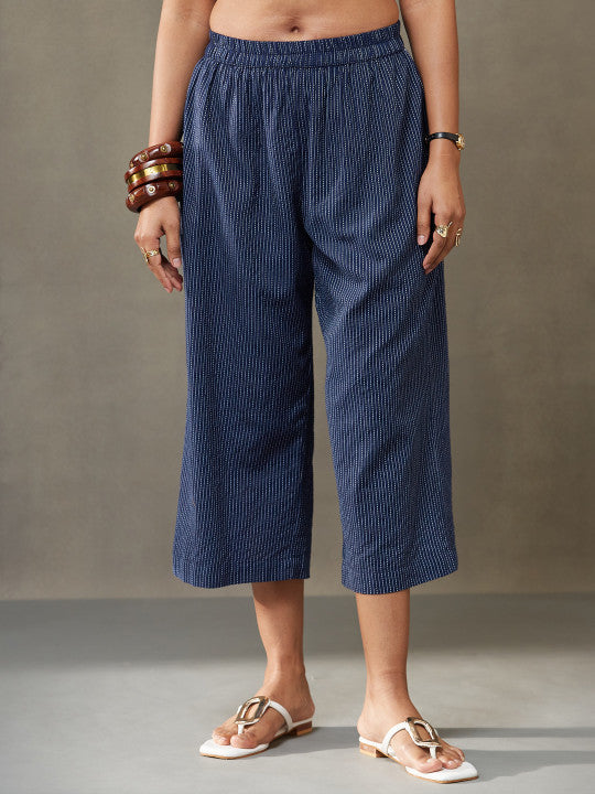 Women’s Navy Blue Striped Kurta with Culottes Set
