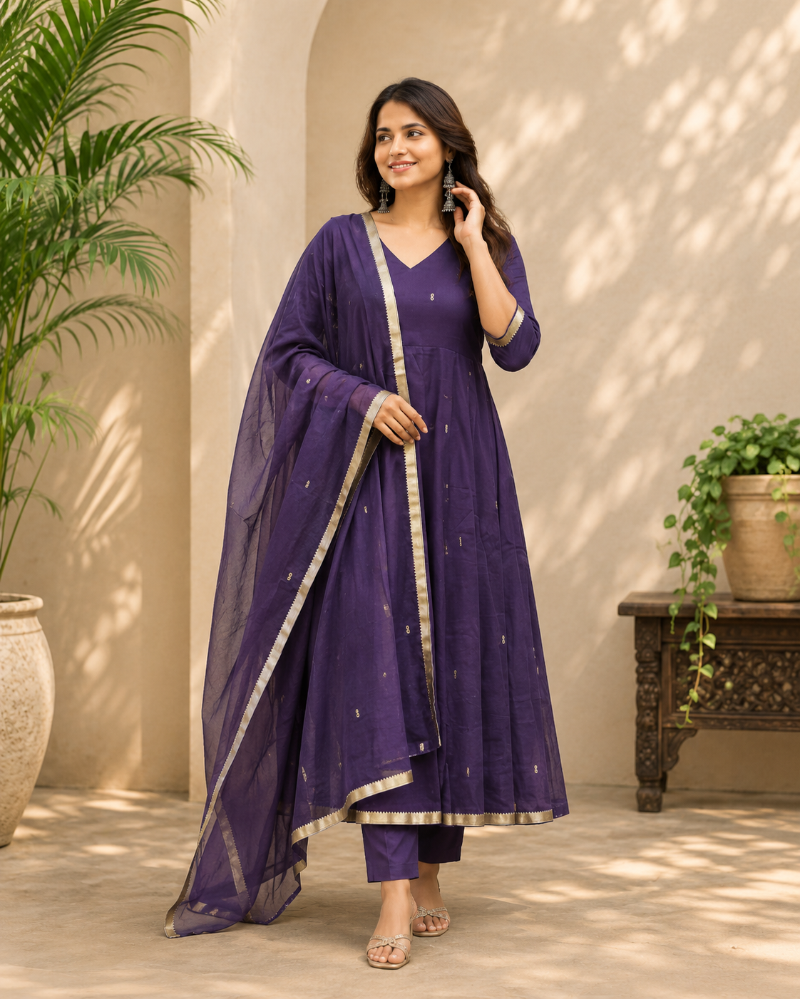 Women’s Purple Embroidered Anarkali Suit Set with Dupatta