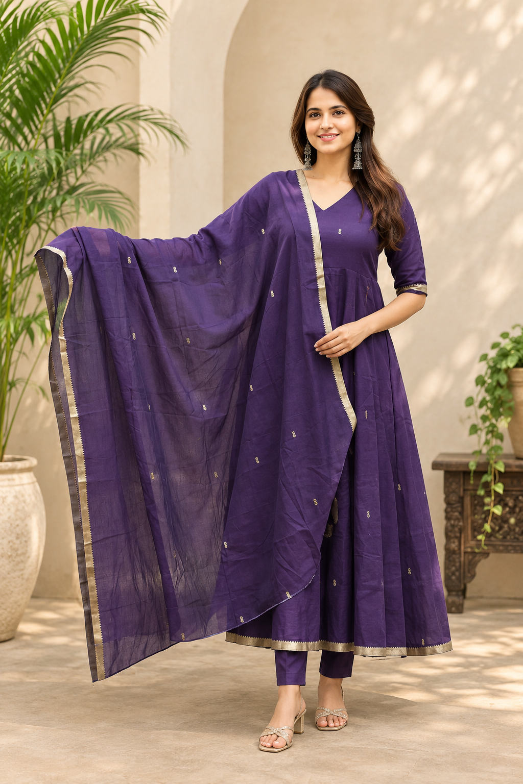 Women’s Purple Embroidered Anarkali Suit Set with Dupatta