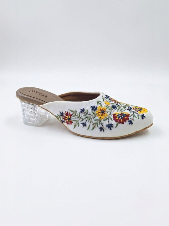 Women's White Floral Embroidered Transparent Block Heels