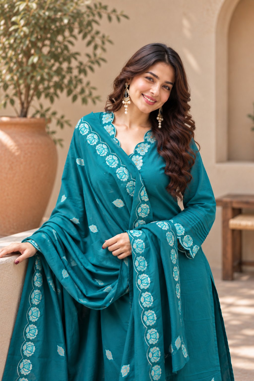 Teal Floral Embroidered Straight Kurta Set with Dupatta
