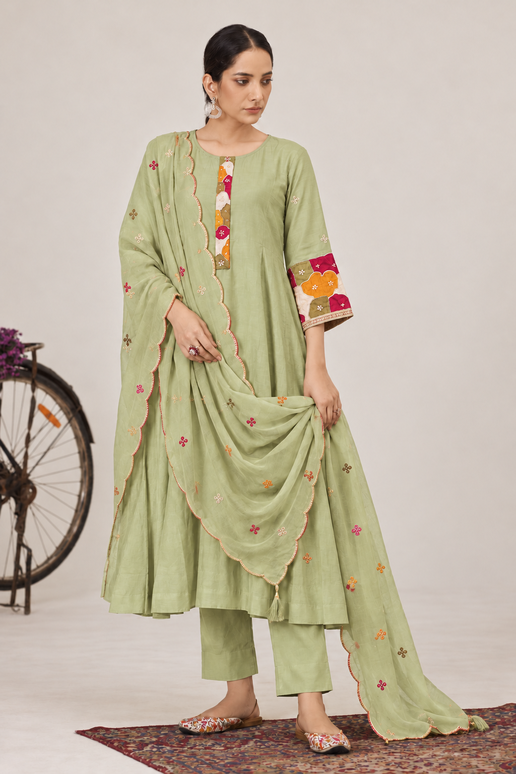 Premium Pista Green Chanderi Anarkali