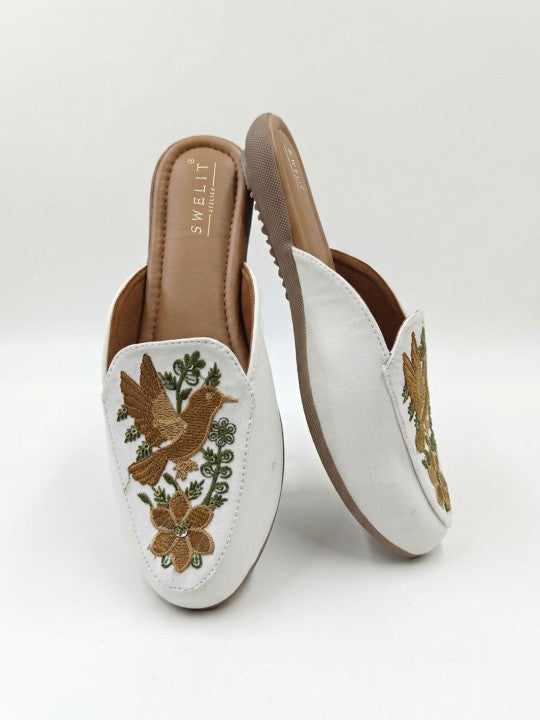 Brown Bird Embroidered Ethnic Mule Flats for Women