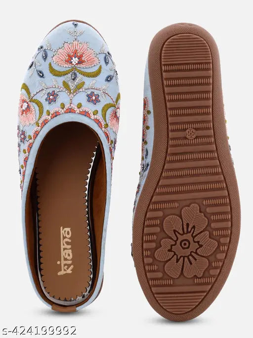 Women Pointed Toe Ethnic Embellished Canvas Mules