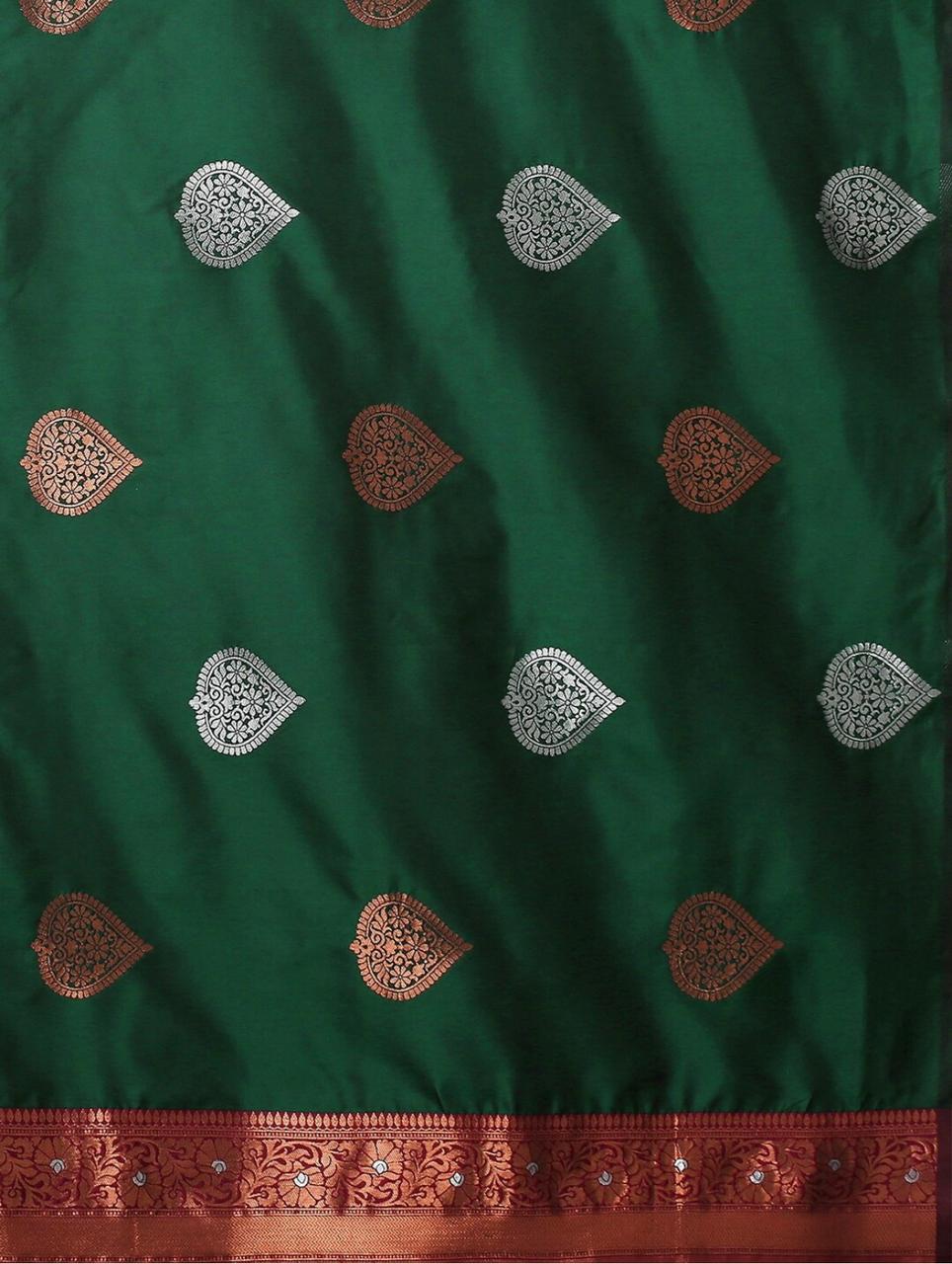 Elegant Green Silk Saree with Zari Motifs & Rich Copper Border
