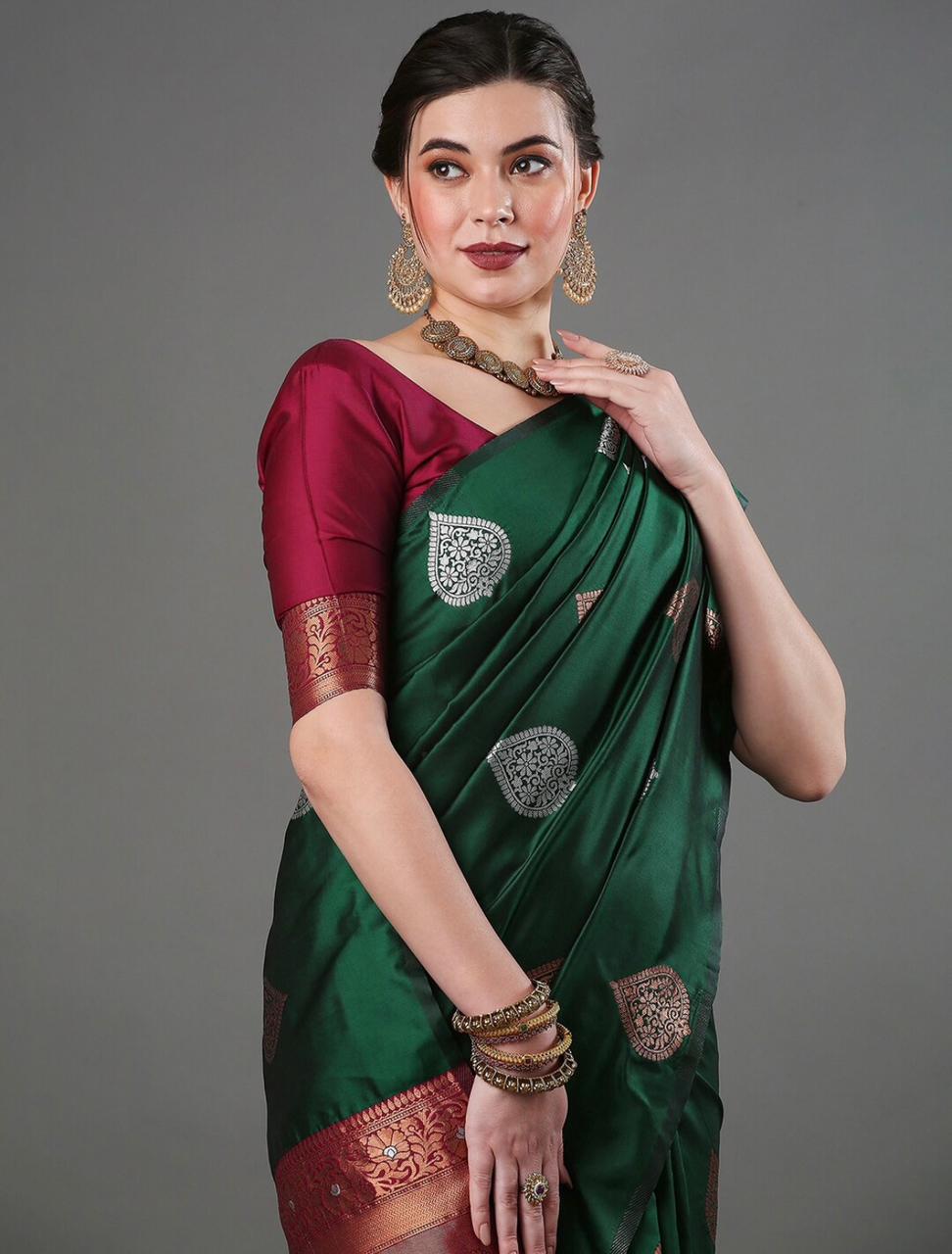 Elegant Green Silk Saree with Zari Motifs & Rich Copper Border