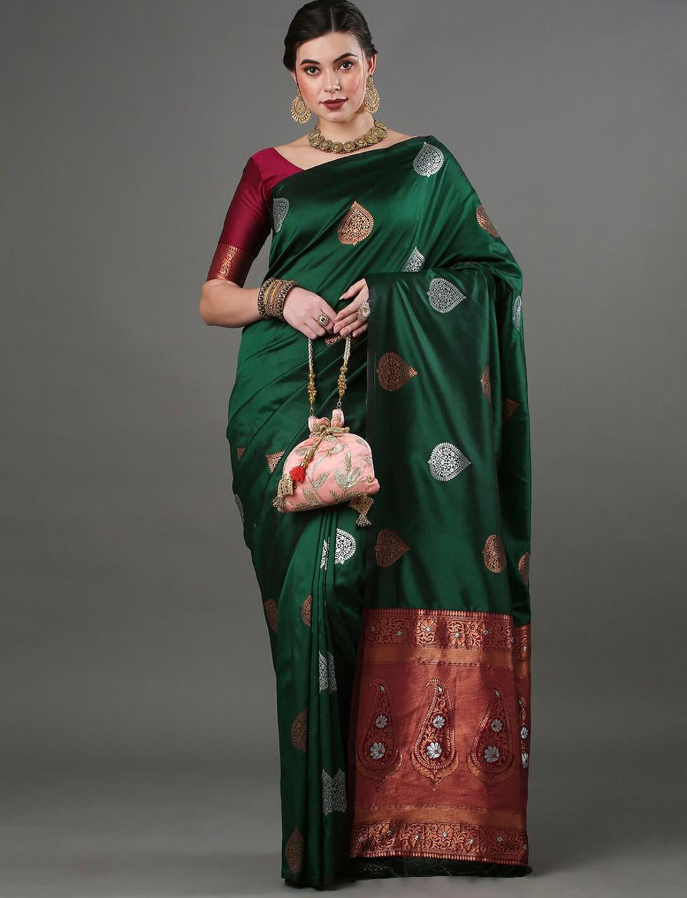 Elegant Green Silk Saree with Zari Motifs & Rich Copper Border