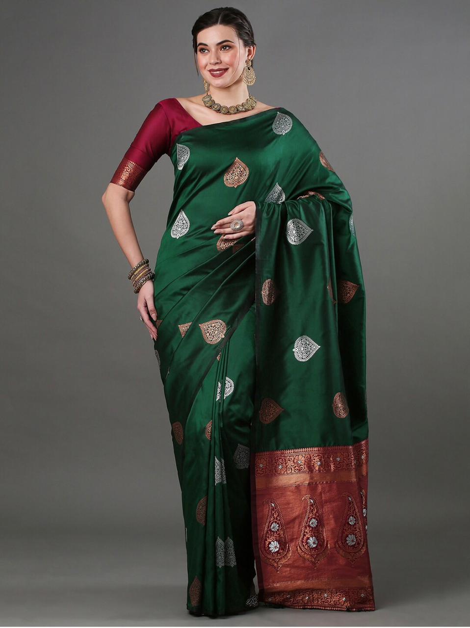 Elegant Green Silk Saree with Zari Motifs & Rich Copper Border