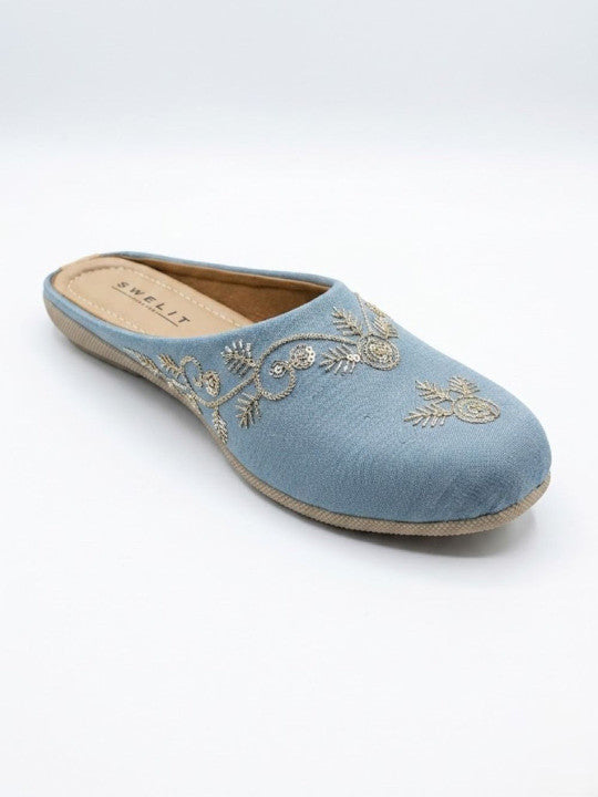 Traditional Sky Embroidered Flat Mules for Women