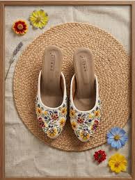 Women's Navy Blue Daisy Floral Embroidered EthniWomen's White Floral Embroidered Transparent Block Heel Mule Sandalsc Mule Jutti – Slip-On Flat Footwear (Copy)