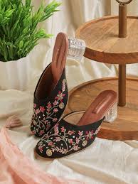 Women's Black Floral Embroidered Transparent Block Heel Mule Sandals