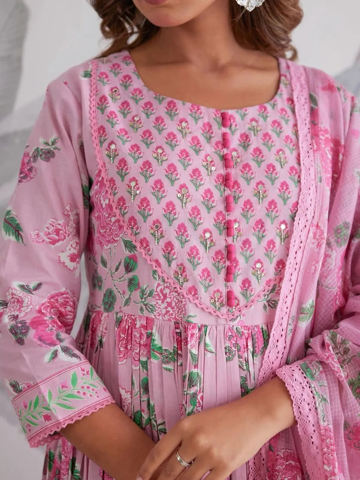 Pink Jaipuri Floral Printed Anarkali Kurta Set with Matching Pant & Dupatta
