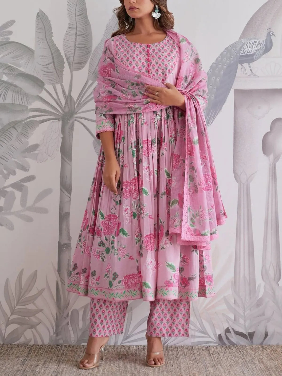 Pink Jaipuri Floral Printed Anarkali Kurta Set with Matching Pant & Dupatta