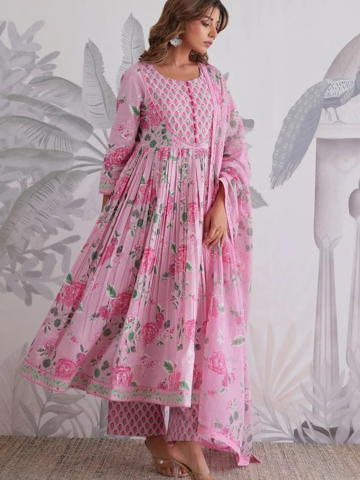 Pink Jaipuri Floral Printed Anarkali Kurta Set with Matching Pant & Dupatta