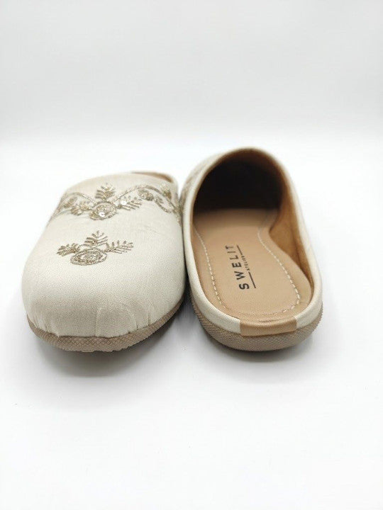 Traditional White Embroidered Flat Mules for Women