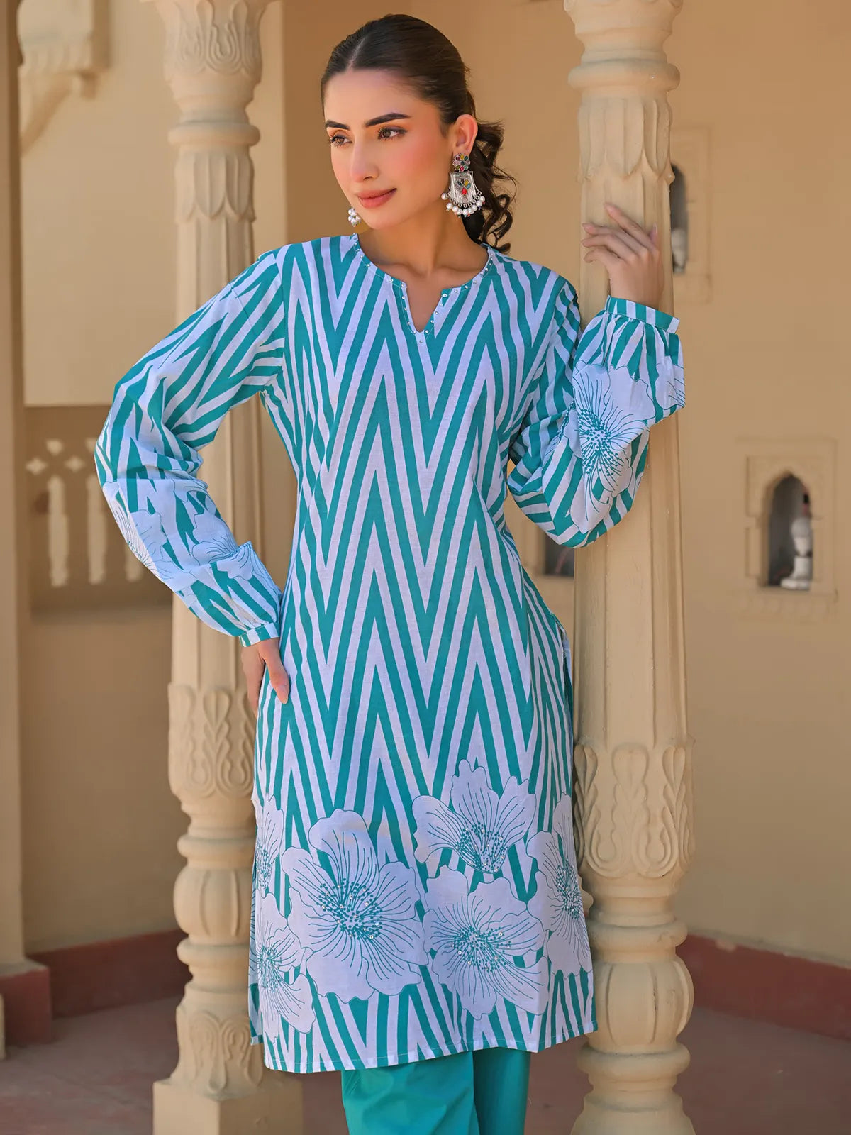 Abstract Floral Stripes Printed & Embroidered Straight Fit Kurta with Pant