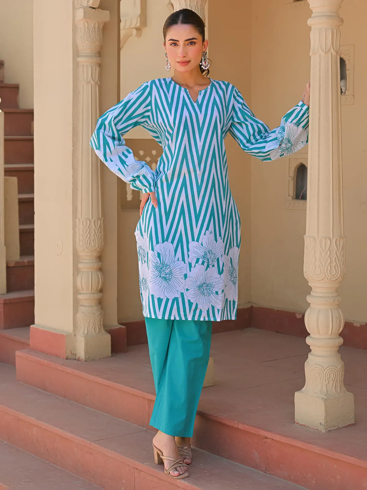 Abstract Floral Stripes Printed & Embroidered Straight Fit Kurta with Pant