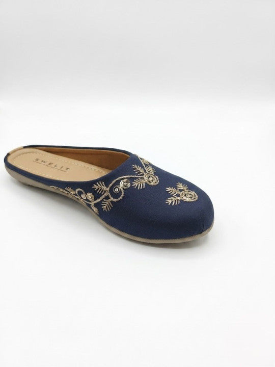 Traditional Navy Blue Embroidered Flat Mules for Women
