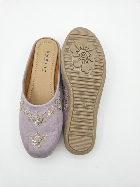 Traditional Purple Embroidered Flat Mules for Women
