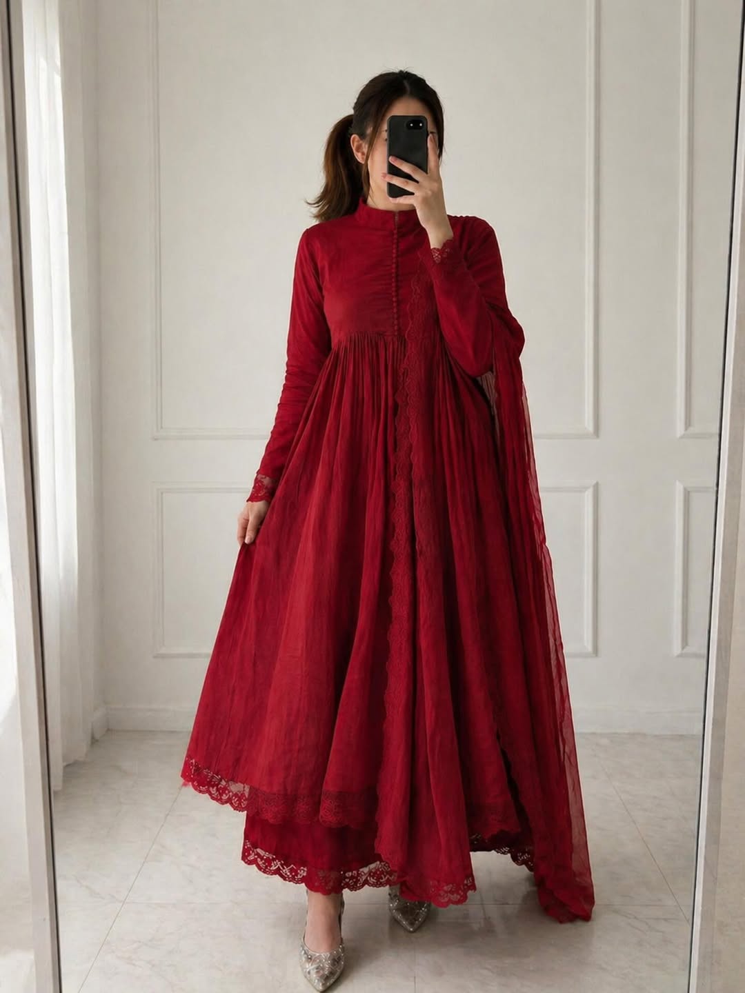 Elegant Wine Red Anarkali Suit Set with Dupatta