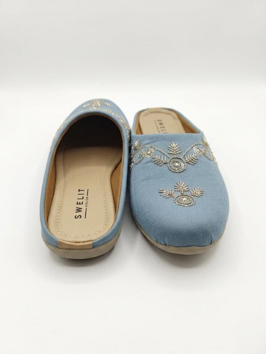 Traditional Sky Embroidered Flat Mules for Women