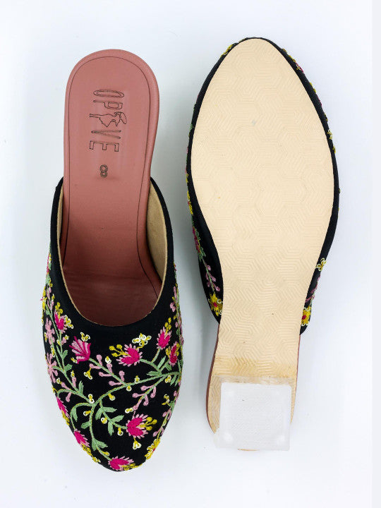 Women's Black Floral Embroidered Transparent Block Heel Mule Sandals
