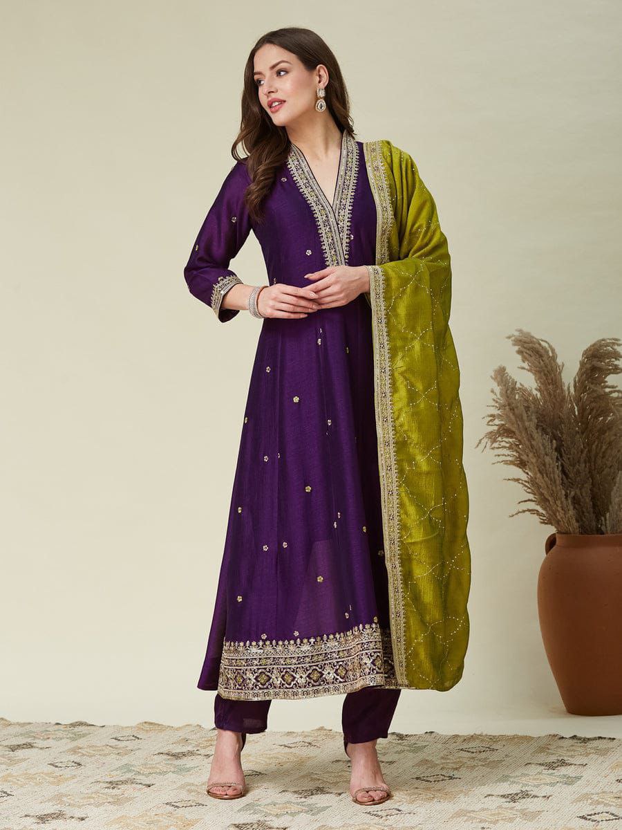 Women's Royal Purple Embroidered Anarkali Kurta Set with Olive Green Dupatta