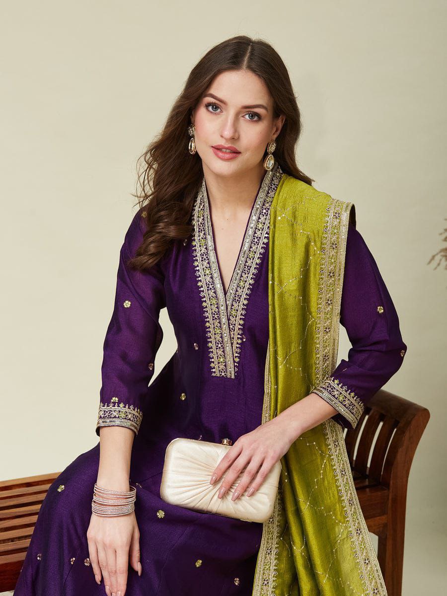 Women's Royal Purple Embroidered Anarkali Kurta Set with Olive Green Dupatta