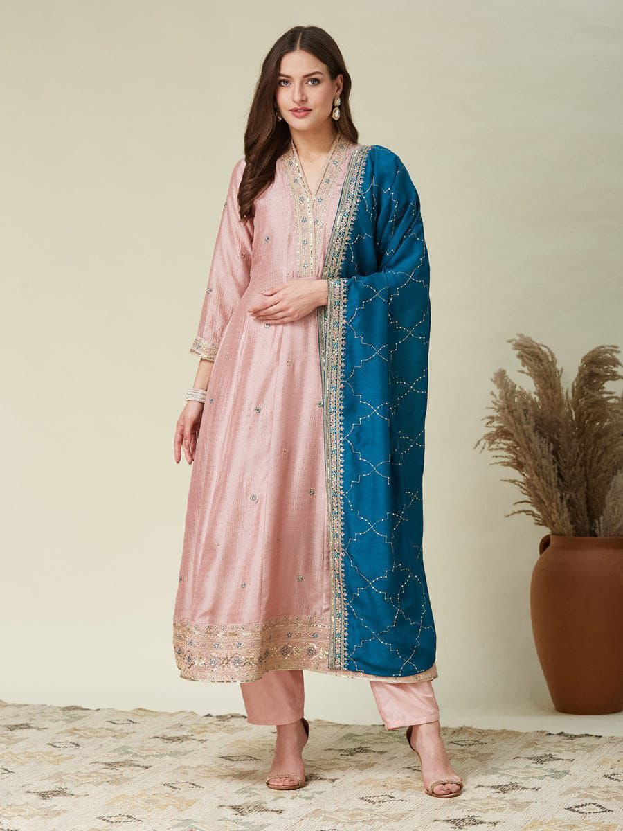 Women's Blush Pink Embroidered Anarkali Kurta Set with Teal Blue Dupatta
