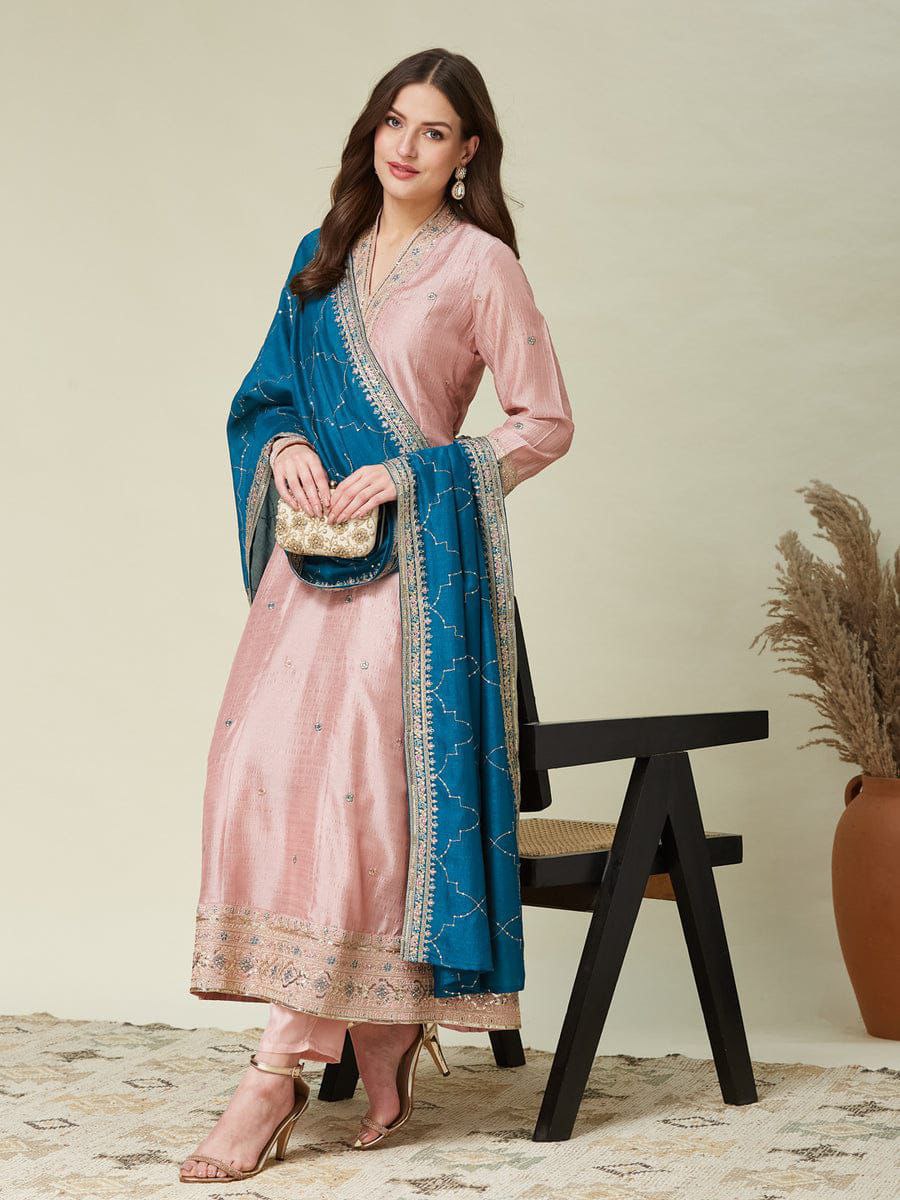 Women's Blush Pink Embroidered Anarkali Kurta Set with Teal Blue Dupatta