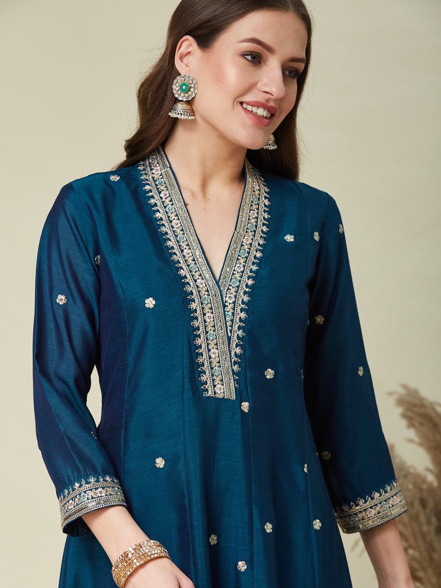 Women's Teal Blue Embroidered Anarkali Kurta Set with Dupatta