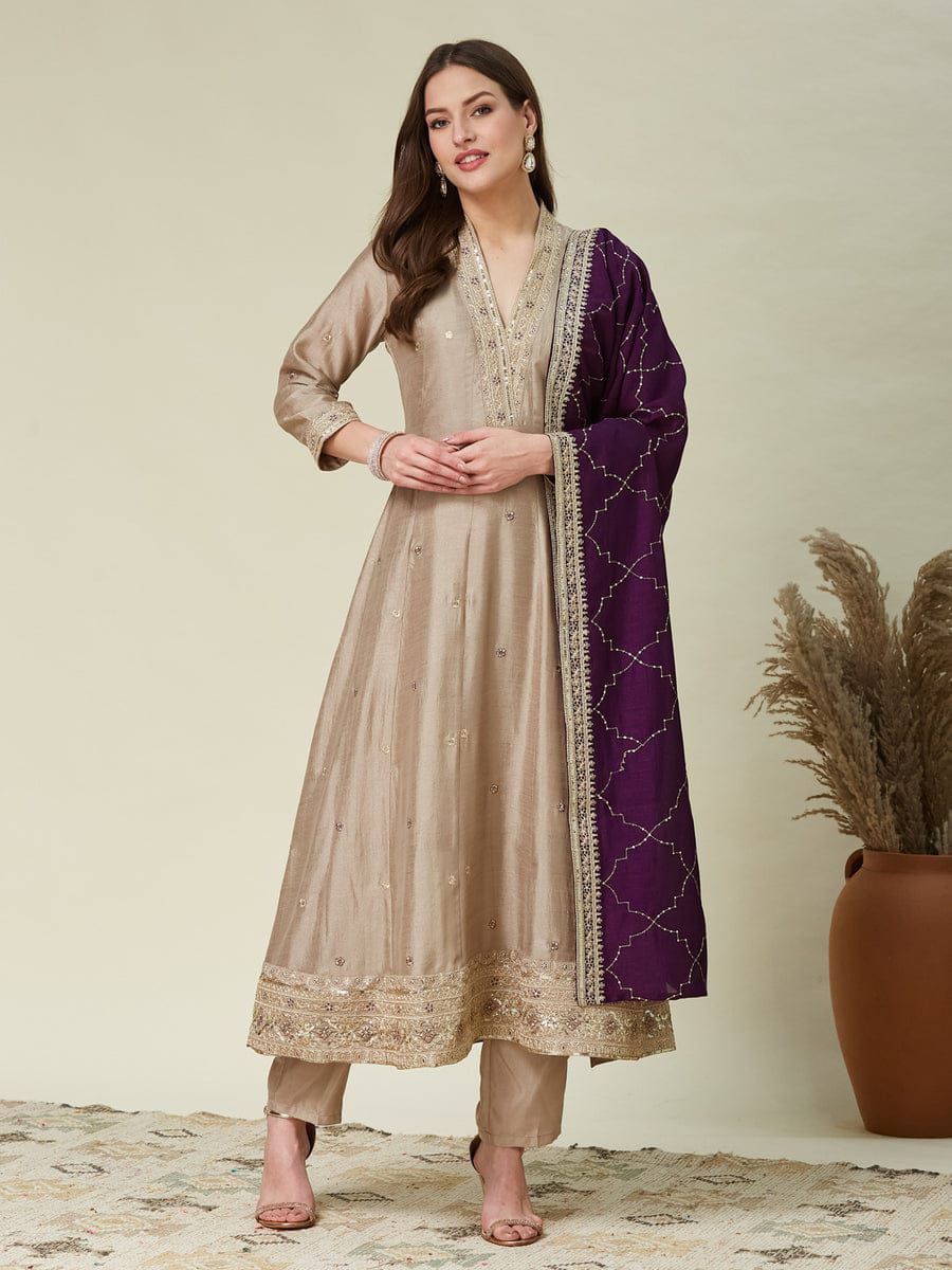 Women's Beige Embroidered Anarkali Kurta Set with Purple Dupatta