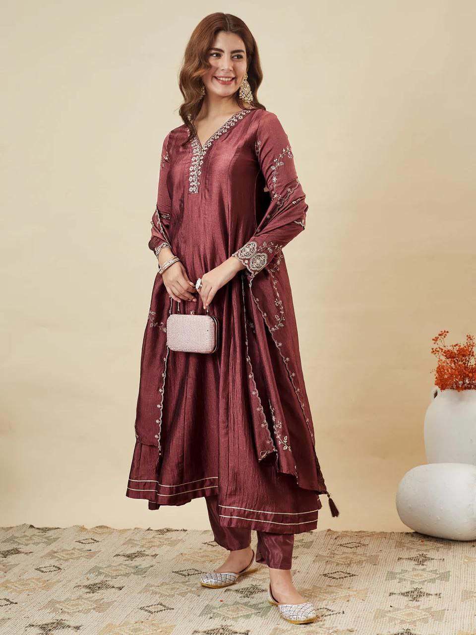 Women's Wine Embroidered Anarkali Kurta Set with Dupatta