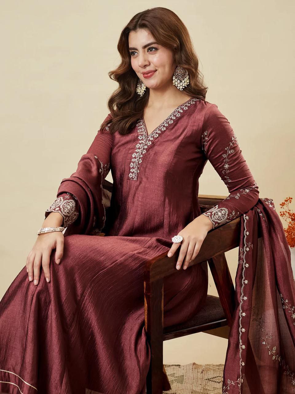 Women's Wine Embroidered Anarkali Kurta Set with Dupatta