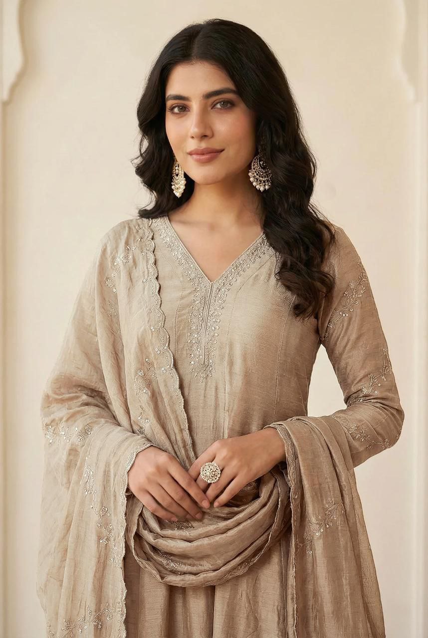 Women's Taupe Embroidered Anarkali Kurta Set with Dupatta