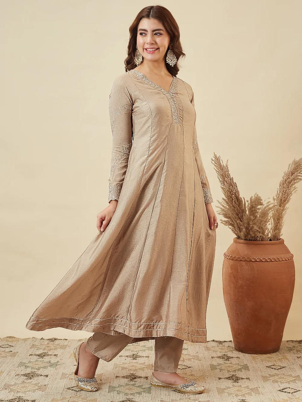 Women's Taupe Embroidered Anarkali Kurta Set with Dupatta