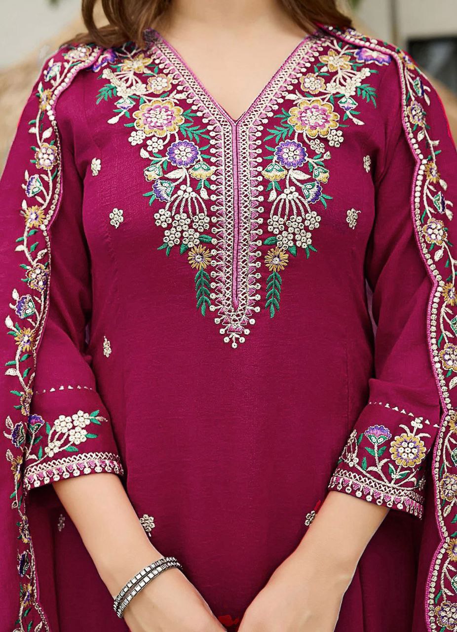 Women's Magenta Embroidered Anarkali Kurta Set with Dupatta