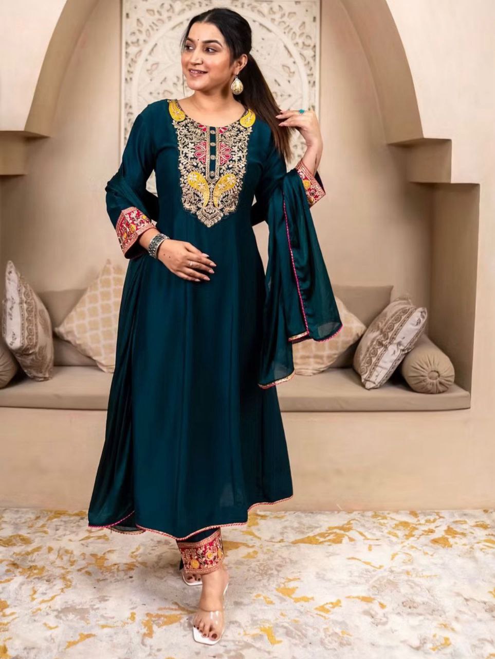 Women's Teal Embroidered Anarkali Kurta Set with Dupatta