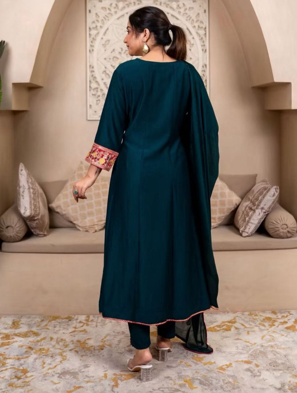 Women's Teal Embroidered Anarkali Kurta Set with Dupatta