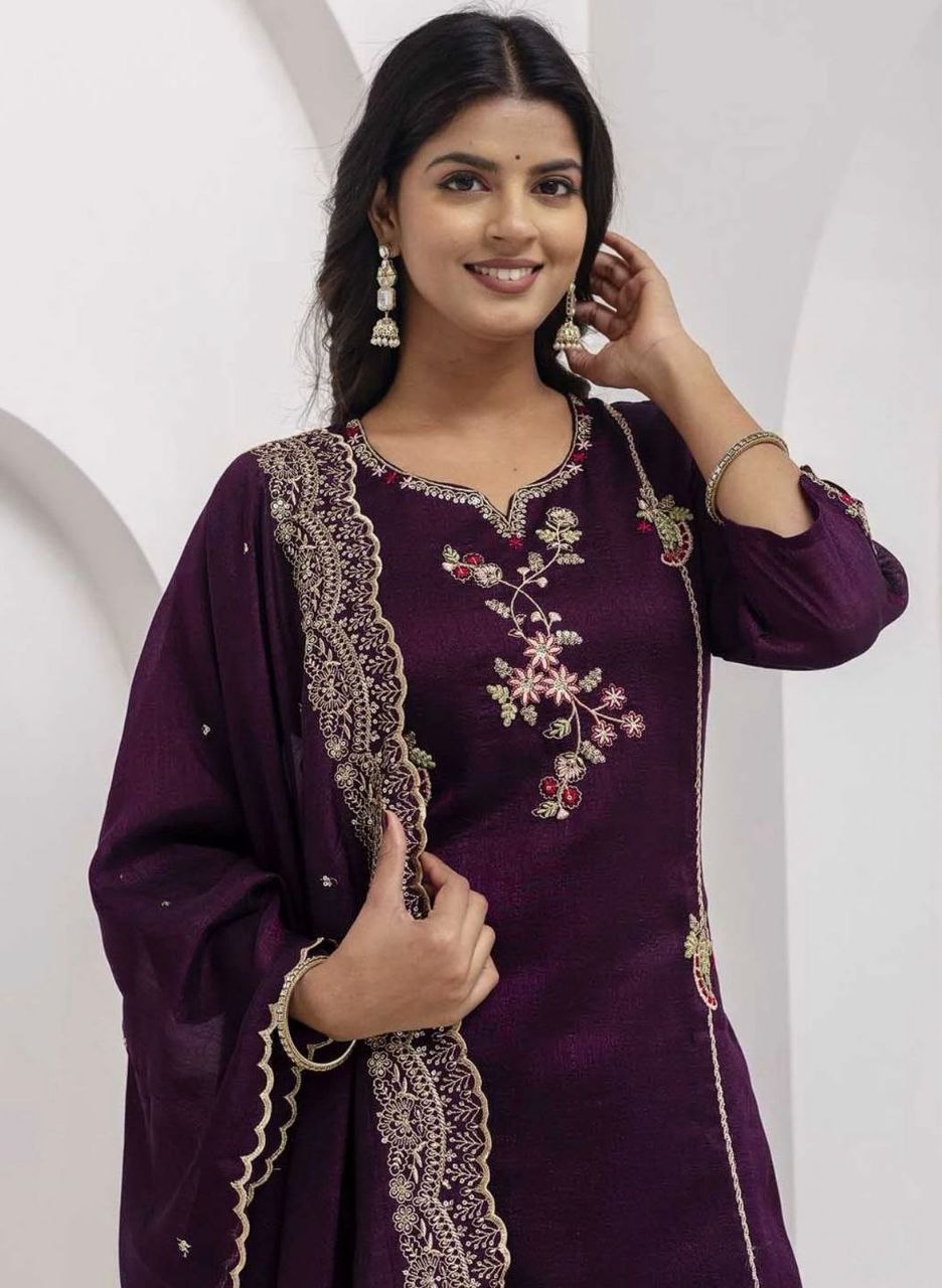 Women's Deep Purple Embroidered Straight Kurta Set with Dupatta
