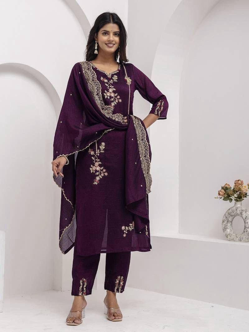 Women's Deep Purple Embroidered Straight Kurta Set with Dupatta